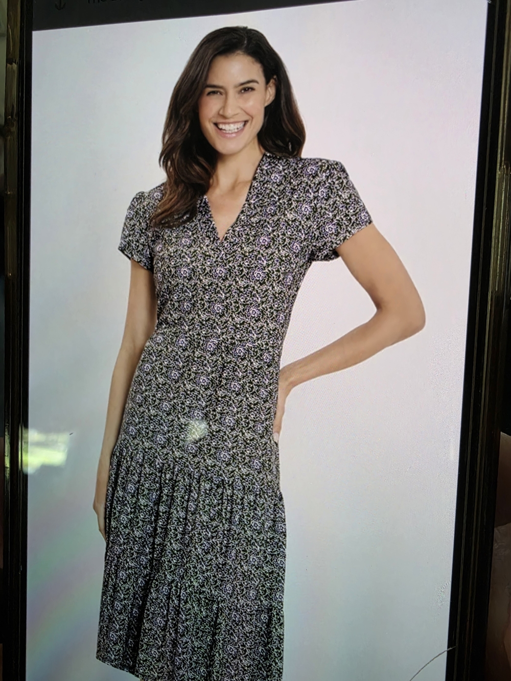 Jude Connally Floral V-Neck Short Sleeve Midi Dress in Olive and Lilac